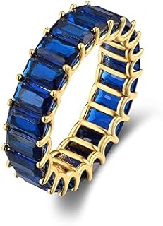MDFUN Blue Eternity Rings 18K Yellow Gold Plated for Women Deep Blue Spinel Wedding Promise Engagement Band Size 5-10