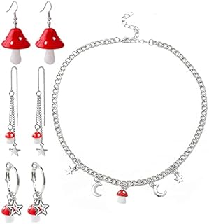 Lobster Clasp Star Moon Mushroom Drop Earrings and Necklace Set - Alloy Chain Type with No Gemstones - Delightful Gift for Women and Girls - Playful Mushroom Shape Designs
