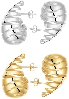 Apsvo Gold and Silver Ladies Hoop Earrings Set - Chunky, Lightweight, Hollow - Made of Hypoallergenic Brass with Push Back Closure - Teardrop Design - Ideal Fashionable Gift for Women
