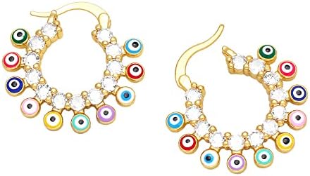 Beaded Ball Evil Eye Cubic Zirconia Small Hoop Earrings Gold Plated Tiny Huggie Round Hoops Ear Cuff Secure ClickTop Engagement Wedding Jewelry Lucky Spiritual Colorful Protection Crystal Gifts for