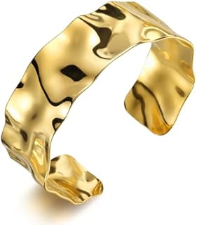 Gold Cuff Bracelet Bangle Hammered Chunky Statement Adjustable Irregular Vintage Jewelry for Women
