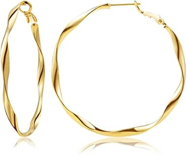 24K Gold Plated Twisted Big Hoop Earrings for Women, 2.0