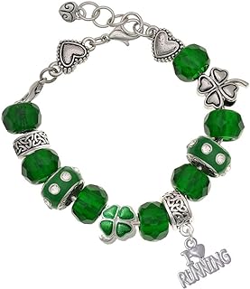 Enamel, Glass and Metal 'Heart' Running Charm Bracelet with Lobster Claw Clasp and Link Chain for Athletes/Sports Enthusiasts