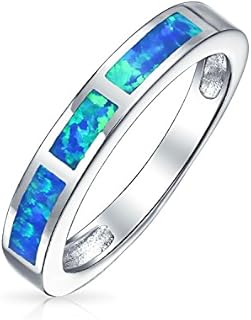 Bling Jewelry Personalize Geometric Eternity Blue Or Pink Created Opal Inlay Stackable Band Ring For Women October Birthstone .925 Sterling Silver