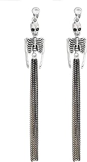 Silver Skull Skeleton Drop Clip On Earrings Halloween Skull Tassel Clip Earrings Punk Earrings for Women Girls