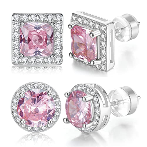 Stud Earrings For Women Men 2 Pairs Sterling Silver Post Gold Plated Round Princess Cut Multcolors Cubic Zirconia CZ Birthstone Jewelry Gifts weinuo