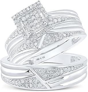 925 Sterling Silver Trio Set, Blue Wedding Rings with Round and Square Cut White Diamonds for His and Hers Engagement or Wedding