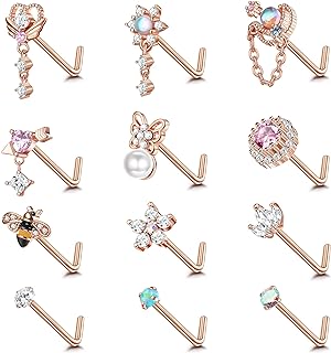 FIASASO 12 Pcs 20G Dangle Nose Rings for Women Teen 316L Stainless Steel Nose Stud L Shaped Nose Ring Set Heart Star Bee Pink CZ Dangling Nose Piercing Jewelry