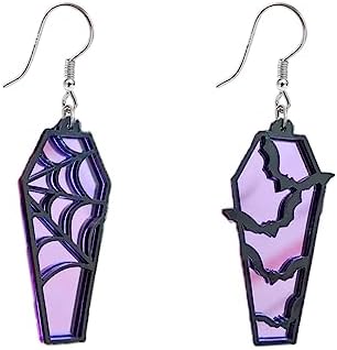 Halloween Coffin Mirror Asymmetric Hook Hoop Earrings Acrylic Bat Spider Web Horror Casket Dangle Drop Earring Punk Jewelry Gifts for Women Girls Bff
