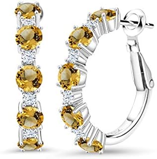 Gem Stone King 925 Sterling Silver Yellow Citrine and White Created Sapphire Hoop Earrings For Women (2.88 Cttw, Round 4MM and 1.9MM, Gemstone Birthstone 1 Inch Diameter)