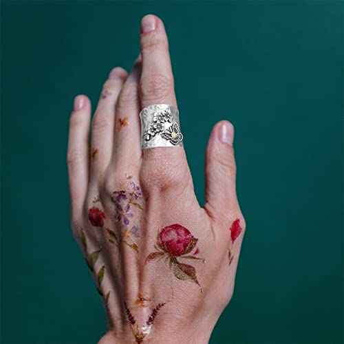 S925 Sterling Silver Big Large Flowers Butterfly Bee Wide Bands Ring for Women Girls,Animal Thumb Index Middle Finger Ring,Retro Vintage Boho Ring Jewelry Gift