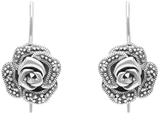 Elegant Thai Marcasite Sterling Silver Victorian Rose Dangle Earrings with French Wire Back Finding