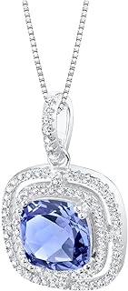 PEORA 4 Carats Simulated Tanzanite Pendant Necklace for Women 925 Sterling Silver, Cushion Cut, 9mm, Double Halo with 18 inch Chain