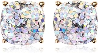 Faceted Jewel Statement Stud Earrings - Square Cushion Cut Sparkly Sequin Confetti Glitter, Opalescent Animal Leopard Print