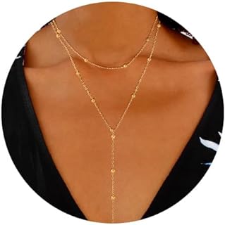 Lariat Gold Necklace for Women, Dainty 14k Gold Plated Layered Beaded Drop Necklaces for Women Trendy Fashion Simple Gold Long Beaded Necklaces Thin Minimalist Gold Jewelry Gifts for Women Girls