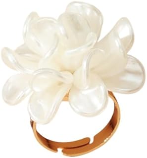 White Pearl Flower Statement Ring for Women Girls Gold Plated Camellia Rose Flowers Adjustable Open Bands Wedding Promise Finger Rings Fashion Exaggerated Comfort Fit Jewelry Gifts Birthday
