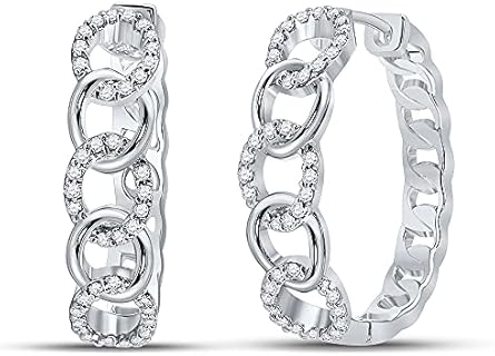 Diamond Deal 10kt White Gold Round Diamond Cuban Link Hoop Earrings for Women - 1/5 Cttw Diamond Encrusted Elegant Design - Premium Quality White Gold