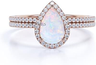 14K Rose Gold Over 925 Sterling Silver Pear Shaped Created Opal Engagement Ring Matching Wedding Band Bridal Set Wedding Ring Set 9