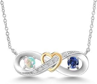 925 Silver and 10K Yellow Gold White Simulated Opal Blue Created Sapphire and Lab Grown Diamond Heart Interlocking Infinity Symbol Pendant Necklace For Women (0.56 Cttw, with 18 Inch Chain)