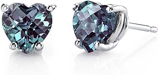 Peora Created Alexandrite Heart Stud Earrings for Women 14K White Gold, Color-Changing Classic Solitaire Studs, 2 Carats total Heart Shape 6mm, Friction Back