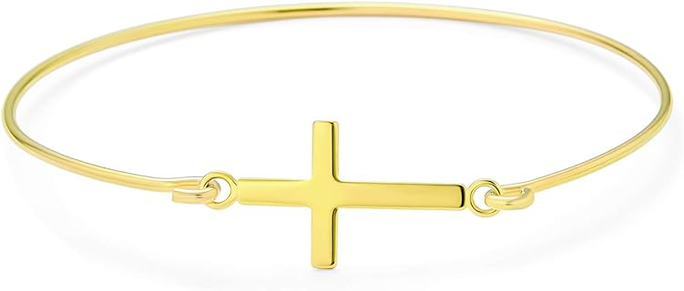 Easy Hook Clasp Egyptian Ankh Celtic Cross Bangle Bracelet, Yellow Gold Plated .925 Sterling Silver for Women and Teens, Religious Spiritual Design