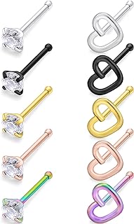 SCERRING 10PCS 20G Stainless Steel Nose Rings Studs Nostril Ring Piercing Jewelry Screw L-Shaped Bone Prong Setting Clear CZ Handmade Heart