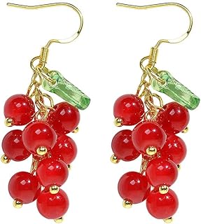 18K Gold Plated Cherry Drop Earrings with French Wire Back Finding, Women's Grape Tassel Dangle Jewelry, Playful Fruit Design Gift