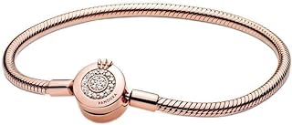 Jewels Store Sparkling Crown O Pavé Clasp Snake Chain Bracelet - Charm Pandora Moments Bracelet for Women - Compatible Moments Charms - Cubic Zirconia for Women Rose Gold Finish- 19 Cm