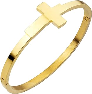 Stainless Steel Sideways Cross Bangle Bracelet with Box Chain for Women & Girls - Elegantly Designed