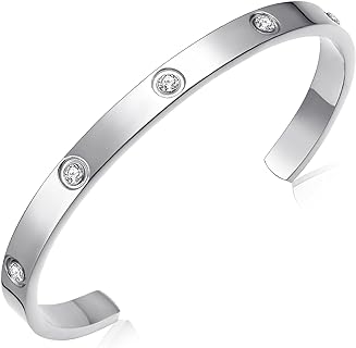 Gold Plated Bracelet with Cubic Zirconia Stones Stainless Steel Bangle Minimalist Cuff Love Charm Bracelets for Women Teen Girls