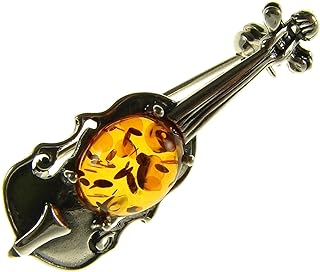 BALTIC AMBER AND STERLING SILVER 925 DESIGNER COGNAC VIOLIN MUSICAL INSTRUMENT BROOCH PIN JEWELLERY JEWELRY