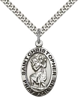 St. Christopher Sterling Silver Pendant Necklace with 24" Stainless Steel Heavy Curb Chain - Patron Saint of Travelers/Motorists - With Lobster Claw Clasp