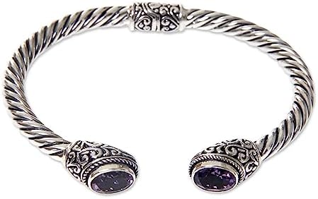 Handmade Sterling Silver Amethyst Cuff Bracelet with Braided Chain by NOVICA Artisan, Indonesian Bali Jewelry, Purple Birthstone Feature [6.25in L x 0.4in W] - 'Bali Splendor'
