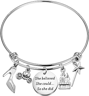 Easy Hook "She Believed She Could So She Did" Charm Bracelet - Stainless-Steel Box Chain Design for Empowered Women - Inspirational Princess Fairy Tale Jewelry Gift