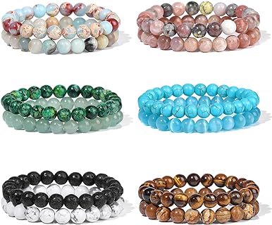 WAINIS 12Pcs 8mm Semi-Precious Gemstones Beaded Bracelets for Men Women Healing Crystal Stretch Handmade stackable Stone Bracelet Unisex