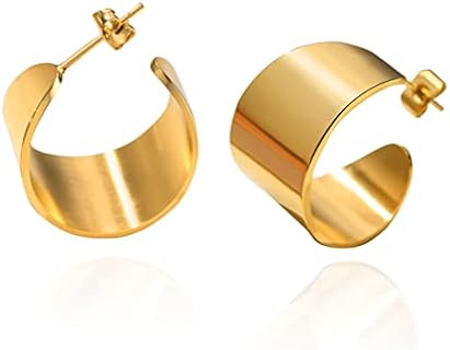 Chunky Gold Hoop Earrings for Women,Gold Plated Stainless Steel Hypoallergenic U/C Shape Minimalist Statement Geometric Earrings Jewelry for Girls Gifts