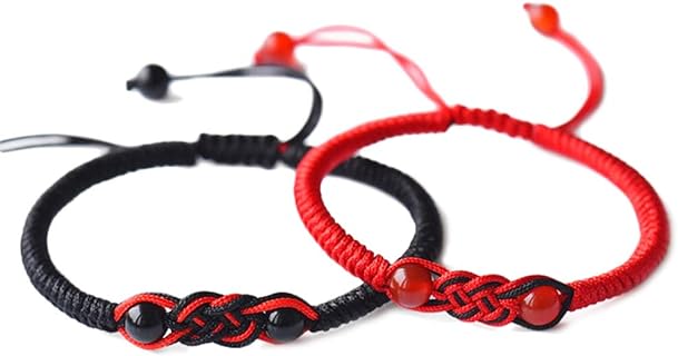 Men Women Hand-woven Chinese Knot Black and Red Rope Couple Bracelets Natural Agate Stone Beads Braided Lucky Feng Shui Bracelet Love Jewelry