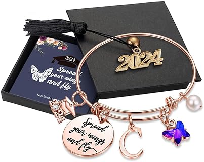 Personalized 2024 Graduation Charm Bangle Bracelet with Box Chain and Buckle Clasp, Inspirational Quote Butterfly Design, Ideal College Graduation Gift for Her