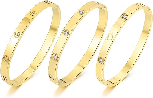 18K Gold Plated Bracelet for Women,6mm Stainless Steel Love Heart Friendship Bangle Bracelet for Women Girls,Cubic Zirconia Bracelet for Teens,Great Gift for Her