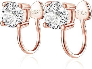 Glittering Rose Gold Ear Cuffs - 6mm Round Cubic Zirconia & Crystal, Non-Piercing, Hypoallergenic Sterling Silver, Clip On Stud Design for Women and Girls
