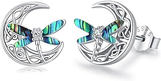 Twoowl Abalone Dragonfly Stud Earrings 925 Sterling Silver Celtic Moon Earrings Irish Celtic Jewelry Gifts for Women Girls