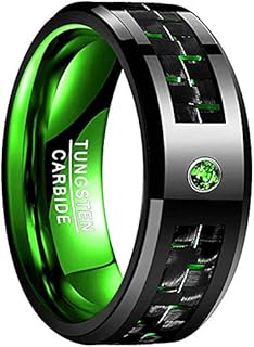 NUNCAD Black Green Tungsten Rings for Men Women Carbon Fiber Inlay 8mm Wedding Band Green CZ Inlay Comfort Fit Size 7-12