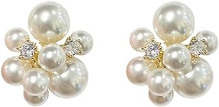 14K Gold Plated Pearl Cluster Stud Earrings with Cubic Zirconia for Women/Girls, Hypoallergenic Push-Back Hoop Design, Ideal for Wife, Mom, BFF Birthday or Anniversary Gift