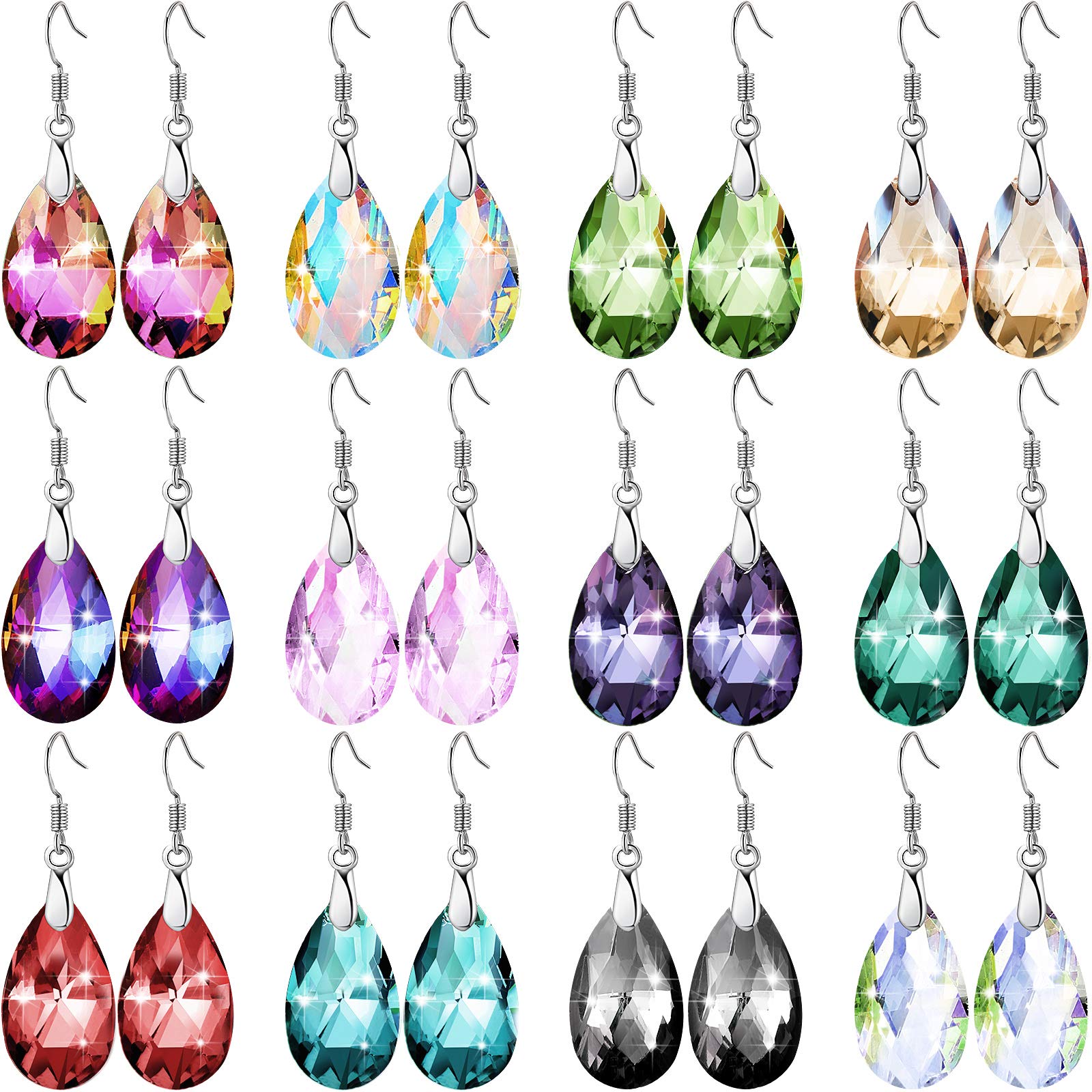 12 Pairs Dangle Earrings Set for Women Crystal Dangle Drop Earrings Rainbow Crystal Earrings for Girls