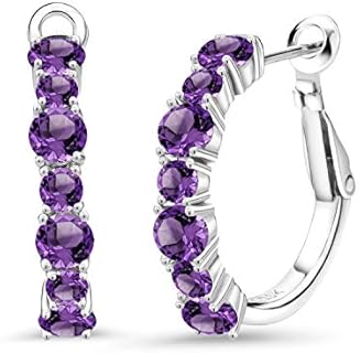 Gem Stone King 925 Sterling Silver Purple Amethyst Hoop Earrings For Women (2.60 Cttw, Gemstone February Birthstone, Round 4MM and 3MM)