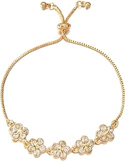 RINHOO Gold Heart Flower Charm Bracelet for Girlfriend, 14K Gold-Plated, Adjustable Box Chain with Lobster Claw Clasp, Trendy Gift for Women and Teens