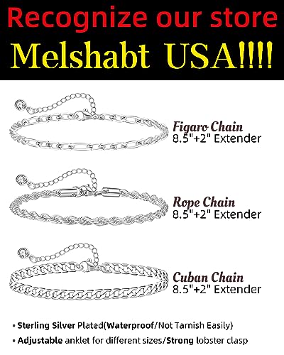 Sterling Silver Ankle Bracelets for Women Strong Lobster Clasp - Cuban Link, Figaro, Rope, Flat Mariner, Snake Herringbone, Satellite, Paperclip - Summer Beach Waterproof Silver Anklet
