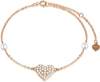 SISGEM 10K Rose Gold Anklet with Box Chain, Embellished with Heart-Shaped Created Moissanite and Freshwater Cultured Pearl, Elegant Gift for Her