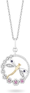 Jewelili Hallmark Fine Jewelry Sterling Silver and 14K Yellow Gold Created Pink Sapphire and Blue Sapphire With 1/6 Cttw Natural White Round Diamond Dragonfly Pendant Necklace, 18" Cable Chain