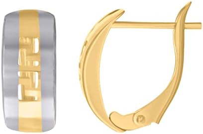 10k Two-Tone Gold Greek Key Sparkle Cut Hoop Earrings for Women, Dual-Tone Design, Hypoallergenic Material, Made in USA